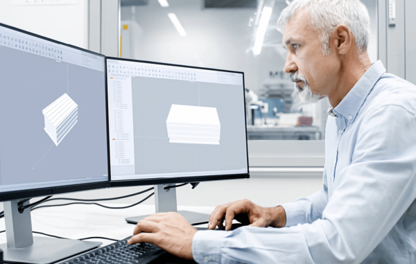 Ein Mann in einem hellblauen Hemd sitzt vor einem Computer mit zwei Bildschirmen, auf denen ein Aufspannwürfel erkennbar ist.